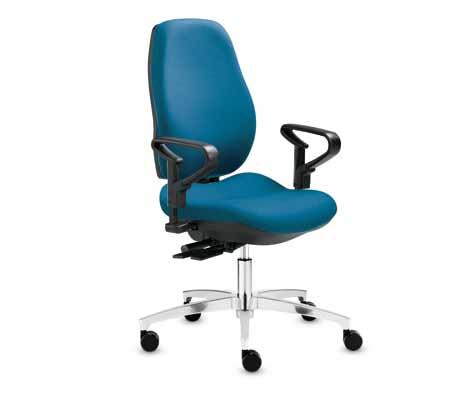 Optional mit tiefenverstellbarer Lumbalstütze (3,5 cm). Swivel chair with high, 6 cm height-adjustable backrest (62 cm), pelvic bolster seat and height-adjustable armrests.