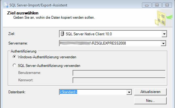 Hierzu wird das Programm Daten importieren und Exportieren des MS-SQL-Servers aufgerufen.