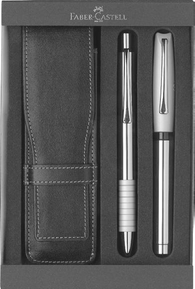 13 essentio Metall Metal Basic-Set Inhalt: Füllfederhalter, Druckkugelschreiber, Lederetui. Basic set content: Fountain pen, ballpoint pen, leather case.