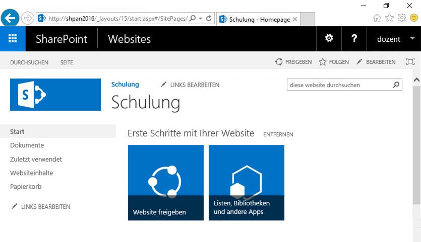3 Das SharePoint Fenster Je nach gewähltem Browser, gewählter Bildschirmauflösung und bereits geänderten Einstellungen kann die SharePoint Startseite von der hier gezeigten Abbildung abweichen.