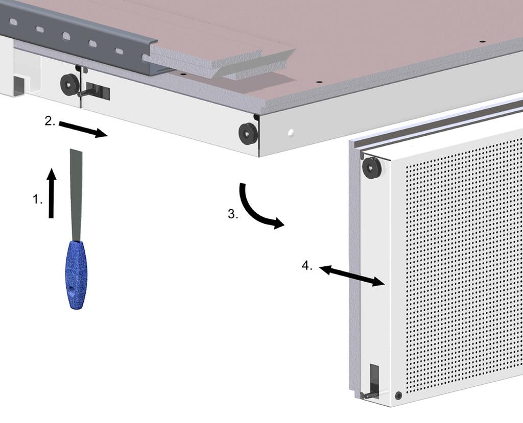 Brandschutzdecke - EI 30 (F30) Brandschutzkassetten - system EI 30 (F30) vorgang bei Kassette mit unsichtbarem Drehriegel 1. Deckenöffner einschieben 2. Drehriegel öffnen 3. Kassette abklappen 4.