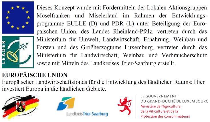 Impressum Herausgeber: Lokale Aktionsgruppe LEADER Moselfranken Geschäftsstelle bei der Verbandsgemeindeverwaltung Saarburg Schlossberg 6 D-54439 Saarburg Tel: +49 (0) 6581 81-280 Fax: +49 (0) 6581