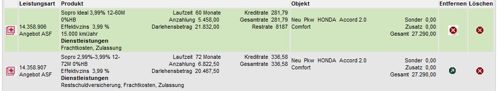 Wollen Sie den Kalkulationsvergleich drucken, so wählen Sie unter Drucken das gleich benannte Formular. Über Entfernen können Sie eine Kalkulation aus dem Angebotskorb lösen.