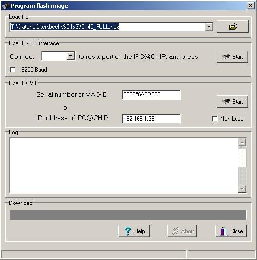 Abbildung 22: Aufspielen eines Flash-Images über CHIPtool Hier kann das zu nutzende Image (Load File) und das zu aktualisierende Gerät (Use UDP/IP) ausgewählt werden.