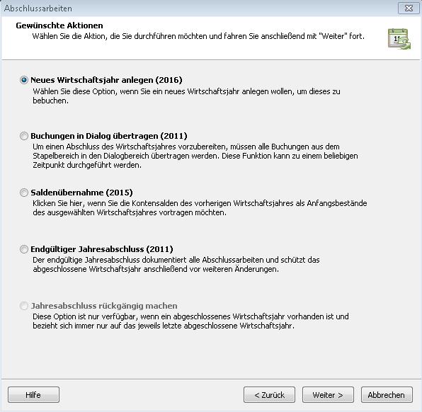 Wählen Sie im nächsten Dialog die Option Saldenübernahme (2015) und anschließend auf