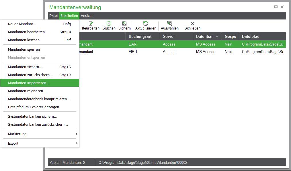 Wählen Sie im Menü den Punkt DATEI > Mandantenverwaltung.