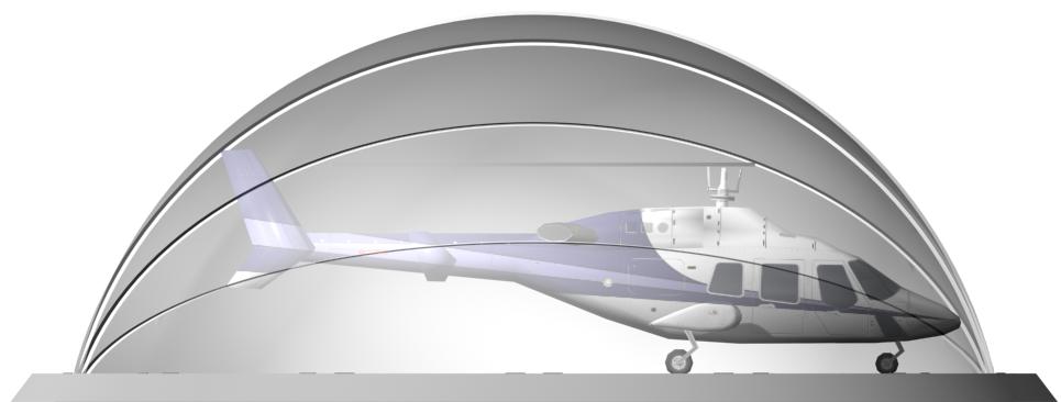 Die Konstruktion besteht aus zwei in Lamellen segmentierten Halbschalen, die sich über dem Helikopter zu einem Kuppeldach schließen.