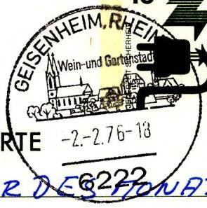 02.02.1976 Werbestempel: Geisenheim, Rheingau Wein- und Gartenstadt. Abbildung Geisenheimer Dom, ev.
