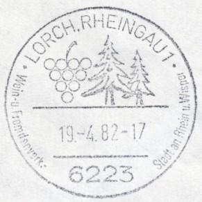 Lorch 19.04.1982 Werbestempel: Lorch.Rheingau 1 Wein- u. Fremdenverkehr Stadt an Rhein u.