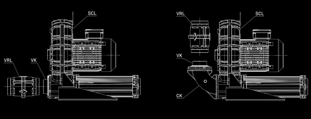 FLANSCHVK VRL-Ventilträger Das Zubehörelement VK ermöglicht den Anschluss der VRL-Ventile direkt auf dem Deckel der Gebläse Baureihe K: SCL K-MS anwendbar sowohl in Druck- als auch in Saugrichtung