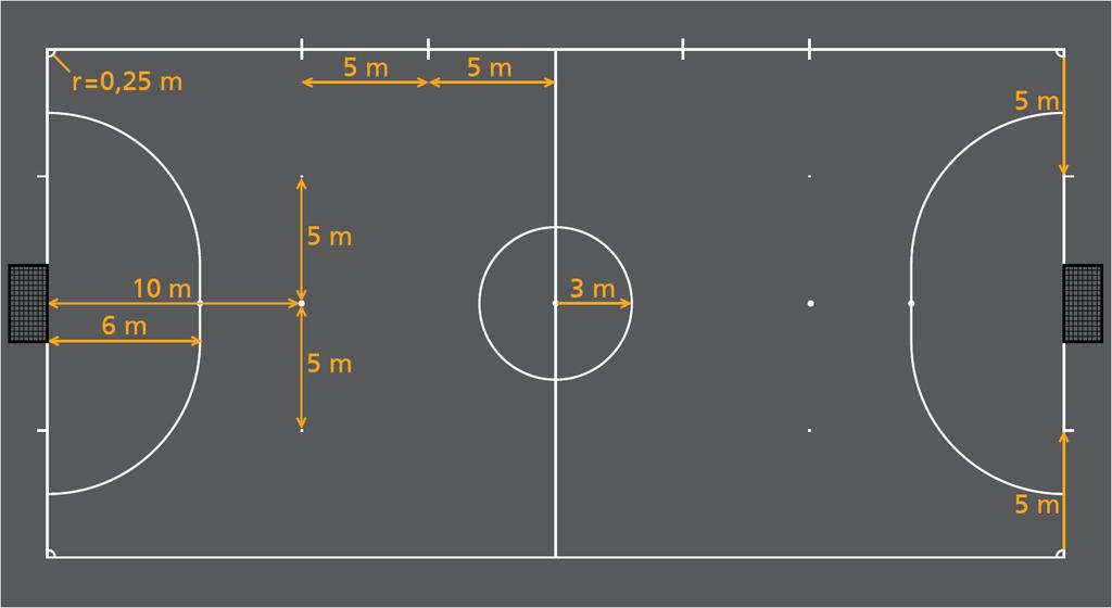 Futsal im Es wird ohne Bande gespielt. Es wird auf Handballtore (3 Meter breit und 2 Meter hoch) gespielt.