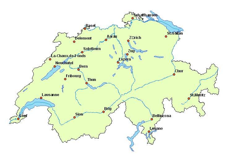 Übergeordnete Orte des ersten Berechnungsschrittes: Das gewählte übergeordnete Netz (siehe Abbildung 14) beinhaltet Orte, welche: Als Kantonshauptorte gelten.