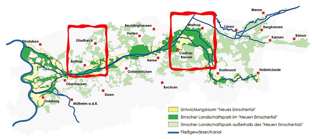 Emscher Landschaftspark (ELP) 7 definierte regionale Grünzüge: - urban, kleinteilig, forstwirtschaftlich (W) - offen, landwirtschaftlich (O) U2 U1 Entwicklung und Umsetzung eines langfristigen