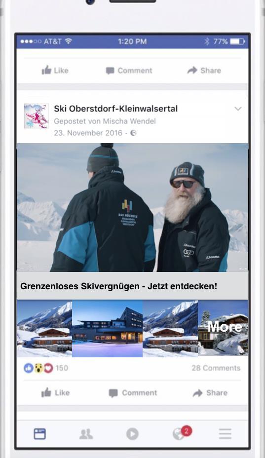 Mehrwerte Online Neu seit April 2017: Facebook Collection Einsatzmöglichkeiten für Ski Oberstdorf-Kleinwalsertal: Präsentation der Partnerbetriebe, Skischulen und Skiverleihe in einem modernen,