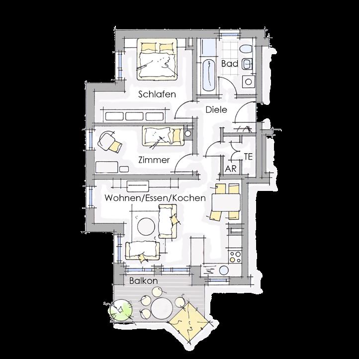 3-Zimmer-Wohnung mit Balkon 04 - Obergeschoss Wohn- und Nutzfläche (netto) Wohnen/Essen/Kochen 26,37 m² Schlafen 14,73 m² Kind 10,18 m² Bad 7,12 m² Diele 6,58 m² AR