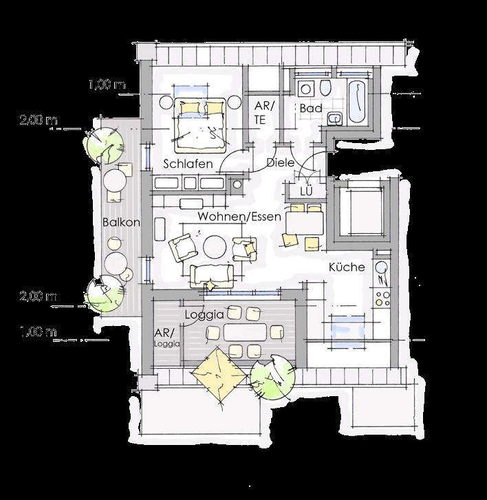 1,5-Zimmer-Wohnung mit Balkon und Loggia 07 - Dachgeschoss Wohn- und Nutzfläche (netto) Wohnen /