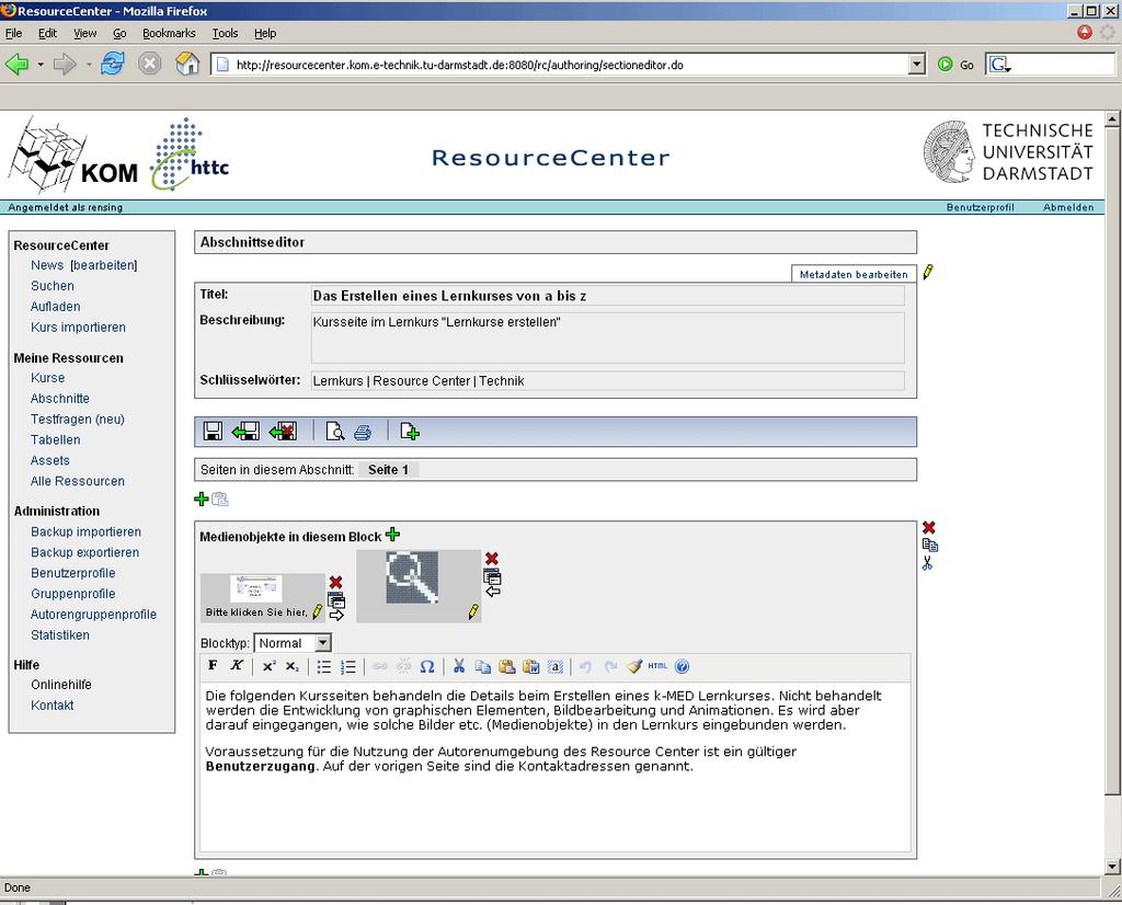 ResourceCenter - Abschnittseditor Transparente Sammlung von Metadaten