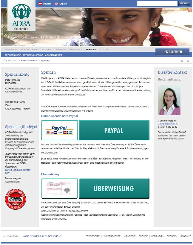Website Onlinezahlung (ADRA) Spendengütesiegel mit Verweis auf Transparenz und