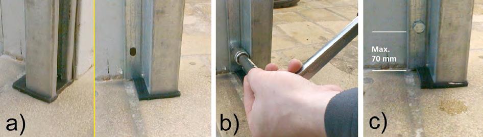 Anschließend mittels Steckschlüssel (oder verkröpftem Ringschlüssel) die Schrauben eindrehen (siehe b) in Abbildung 2.3). Die fertig montierte Zahnschiene sollte wie in c) dargestellt aussehen.