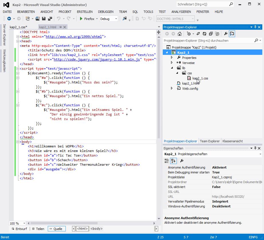 26 2 Sprung ins kalte Wasser Bild 2.1 Die Projektstruktur hier im Projektmappen-Explorer von Visual Studio gut zu sehen Widmen wir uns kurz der Methode ready().