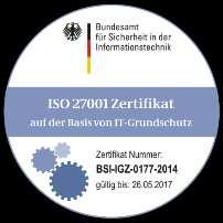 Zertifizierungen ISO 27001 Zertifikat auf der Basis von IT-Grundschutz Die IT-Grundschutz-Vorgehensweise stellt zusammen mit den