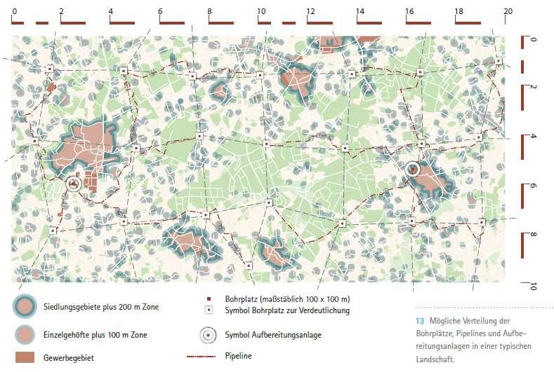Nachfolgend ein Beispiel für die mögliche künftige Verteilung der Bohrplätze, Pipelines und Aufbereitungsanlagen in einer typischen Landschaft in Deutschland (200 Quadratkilometer, Rechteck von 20