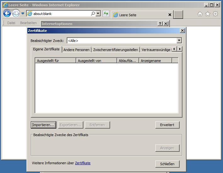 Outlook 2010 Im Internet Explorer wählen Sie Extras > Internetoptionen > Inhalte und klicken auf "Zertifikate".