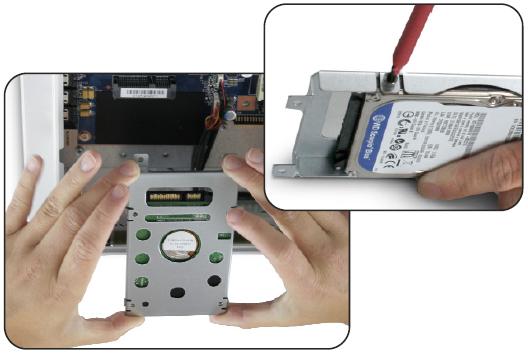 (8) Setzen Sie in die Halterung eine 2,5- Zoll-Festplatte mit Serial-ATA-Schnittstelle so ein, dass die Leiterplatte zum Blech zeigt.