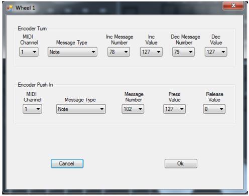 Encoder-Räder Wenn Sie auf eine der vier großen Räder klicken, sieht das Dialogfeld wie folgt aus: Die Encoder-Räder können MIDI-Befehle auf drei verschiedene Arten erzeugen: durch Drehen im