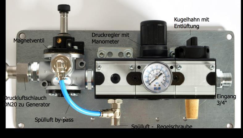 Die Druckluftwartungseinheit besteht aus einem Kugelhahn, einem Druckregler und einem 3/2-Wege-Magnetventil mit Spülluftbypass.