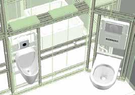 Detailplanung von Sanitärwänden in 3D. Dachentwässerung im Strangschema. Schematische Planung von Trink- und Abwasserleitungen.