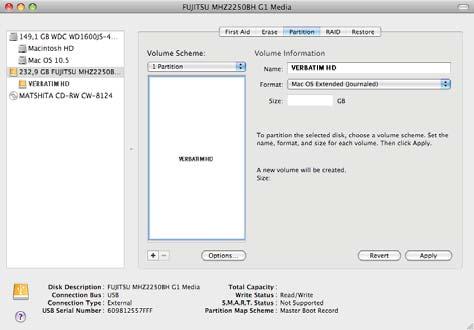 Partitionieren des Verbatim-Festplattenlaufwerks unter Mac OS X 1. Öffnen Sie das Festplatten-Dienstprogramm. Sie rufen es unter Programme > Dienstprogramme auf. 2.