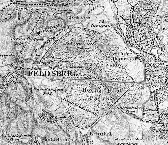 der Tiergarten im Theim- / Föhren-Wald zwischen Eisgrub, Feldsberg, Lundenburg und Reinthal. Im Jahre 1800 wurde beschlossen, ein Areal von 2.685 Hektar mit einer um die 10.000 Klafter (ca.