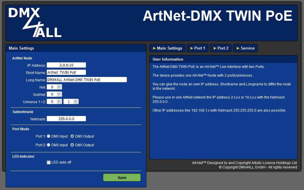 Gerätekonfiguration ArtNet-DMX TWIN PoE 8 Rufen Sie in Ihrem Webbrowser in der Adressleiste die IP des ArtNet-DMX Twin PoE auf (Auslieferzustand: 2.0.