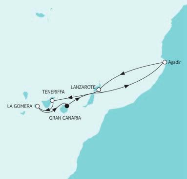 Die Kanaren Kreuzfahrt führt Sie von Marokko zurück in das kanarische Inselparadies. Sie besuchen die Inseln Lanzarote, Teneriffa und La Gomera.