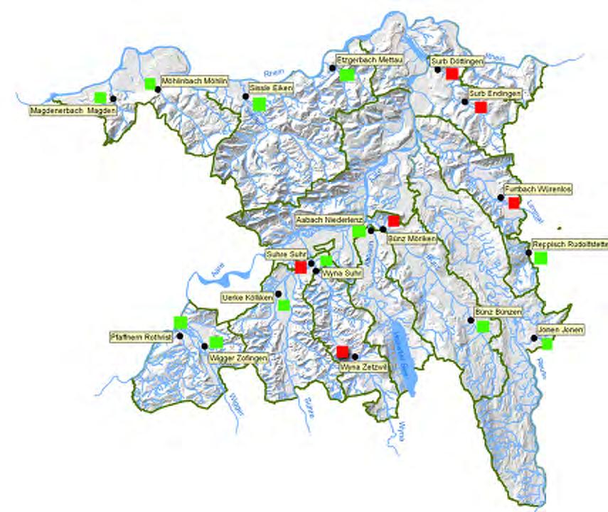 Zusammenfassender Bericht Makrozoobenthos 2001 bis 2009 2 Abbildung 1: Die untersuchten Gewässerabschnitte im Kanton Aargau und ihre aktuelle Bewertung: Grün = Ziele organische Belastung erreicht;