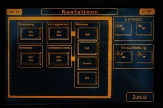 Beschreibung der Seite Raumfunktionen : bringt Sie zu den Raumfunktionen Mit der Taste Hell werden die Lichtbänder heller geregelt. Mit der Taste Halt wird der Dimmvorgang gestoppt.