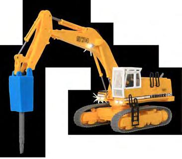 The huge excavator with pneumatic chisel has LED lighting for head lighting.