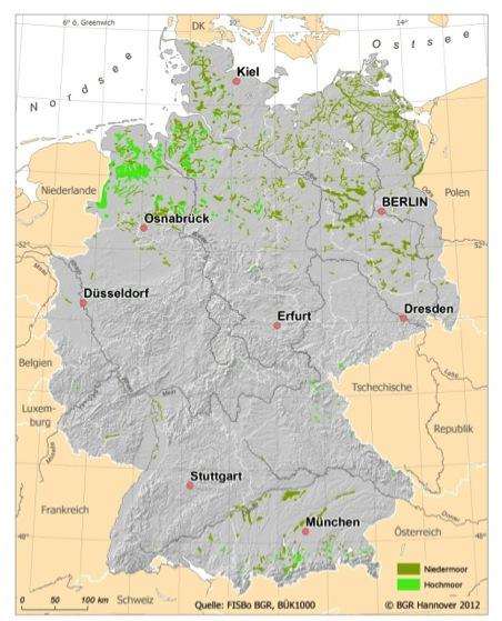 Verbreitung der Moorflächen in Deutschland 38 % der organischen Böden (insbes. Hoch- und Niedermoore liegen in Niedersachsen.