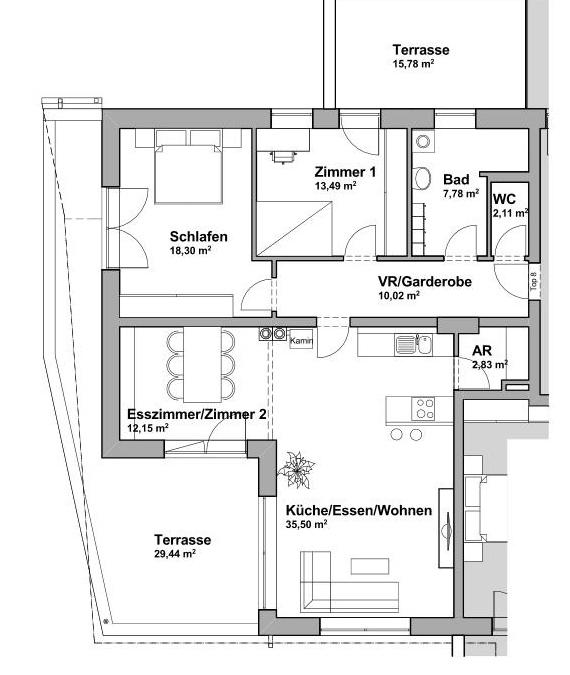 Wohnanlage TASSILO Pfarrkirchen / Bad Hall TOP 08 / Dachgeschoß Wohnfläche 102,2 m² Terrasse 1 29,4 m² Terrasse 2 15,8 m²