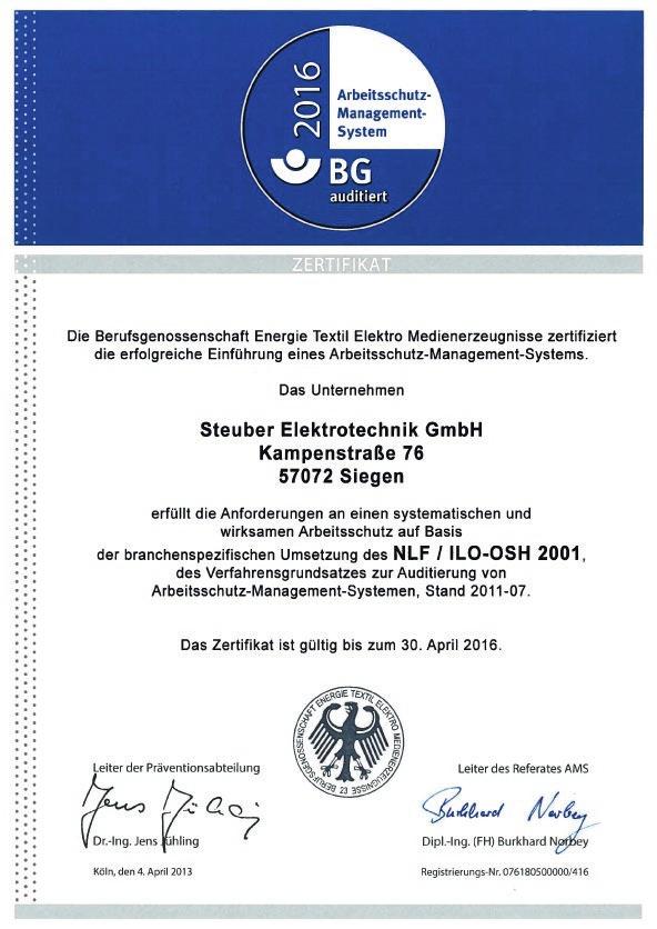 Zertifikate GZQ Qualitätsmanagement nach DIN EN ISO 9001:2000 Arbeitsschutz-Management-System