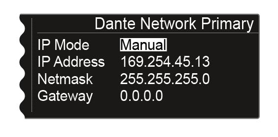 EM 6000 bedienen PrimNet Netzwerkkonfiguration für die RJ-45-Buchse Primary. Drehen Sie das Jog-Dial, um zwischen den beiden IP-Vergabemodi Auto und Manual zu wählen.