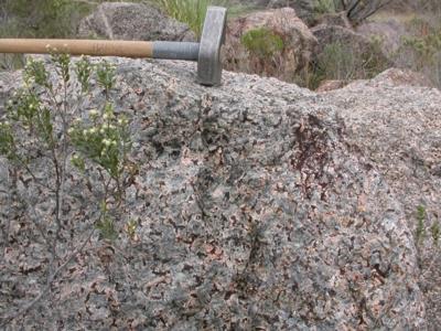 abgelöst werden. Die Intrusion ist jünger (575 Ma) als die Molassesedimente und Basalte der vorherigen Aufschlüsse.