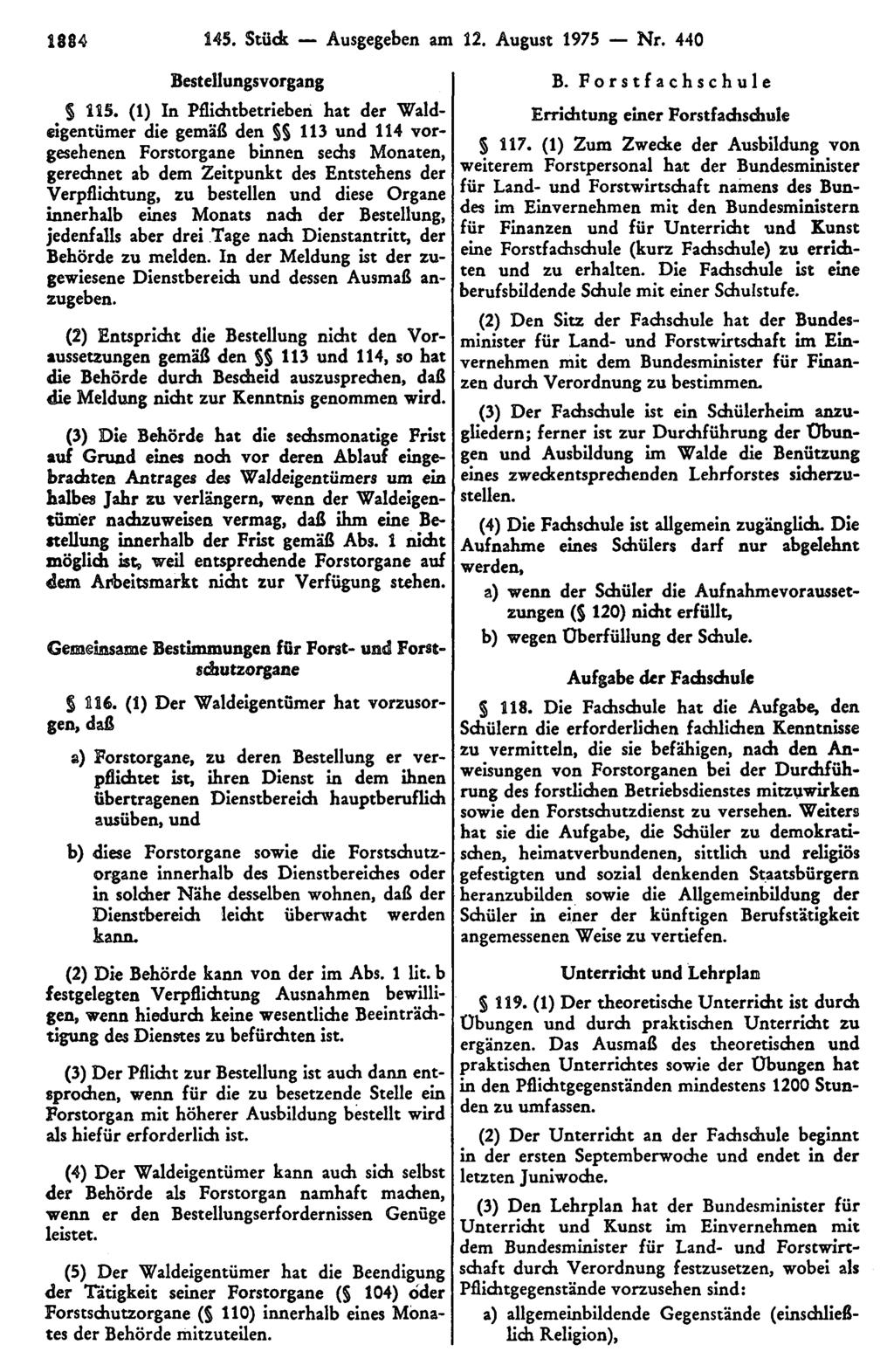 1884 145. Stück Ausgegeben am 12. August 1975 Nr. 440 Bestellungsvorgang 115.