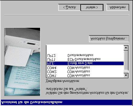 Technische Anleitung Dokumentversion vom 1.2.2001 Auf die Frage, an welchem Port/Anschluß Sie den Drucker installieren wollen, müssen Sie unbedingt File angeben (siehe Abbildung 2).