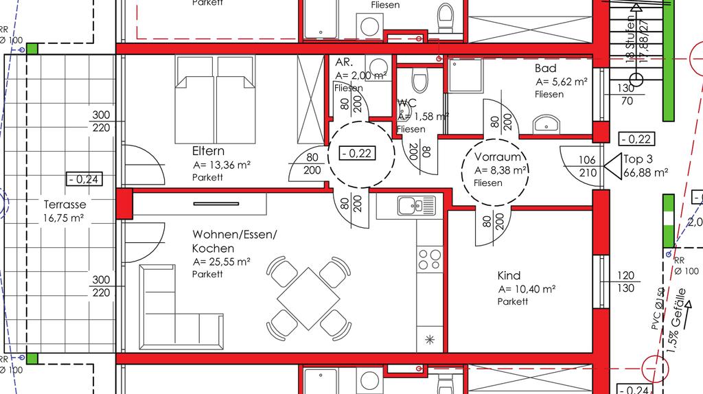 Wohnung 3 (EG) Wohnfläche 66,88 m² Terrasse 16,75 m² Küche, Ess- und Wohnzimmer 25,55 m² Schlafzimmer Eltern 13,36 m² Schlafzimmer Kind 10,40 m² Bad 5,62 m² WC
