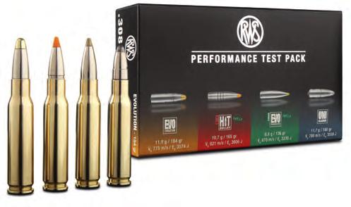 RWS Performance Test Pack Das Performance Test Pack enthält pro Kaliber vier verschiedene Büchsenpatronen zu je fünf Schuss.