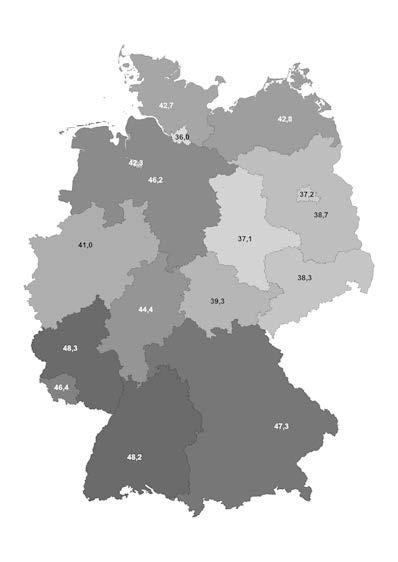 Anteile freiwillig engagierter Personen in den sechzehn Bundesländern, 2014 Quelle: FWS 2014, gewichtet, eigene