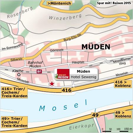 LAGE, ANREISE Müden liegt im Landkreis Cochem-Zell auf der Sonnenseite des Moseltals, ca. 37 Kilometer südlich von Koblenz und ca. 100 Kilometer westlich von Mainz.