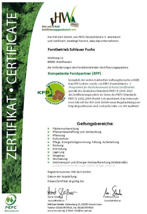 KFP-Zertifikate Einzelzertifikate 1. KFP (für PEFC-Wälder) 2.
